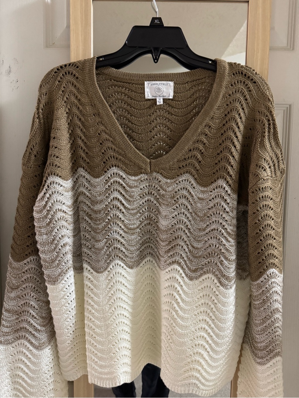Absolutely Olive, Taupe & Cream Open-Knit V-Neck Sweater NWOT